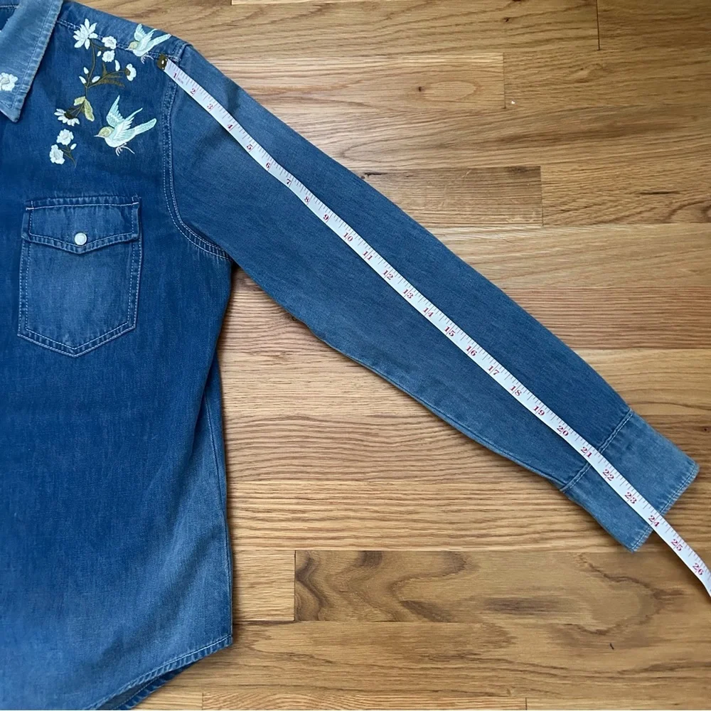 Seven 4 All Mankind Floral Embroidered Distressed Button Down Denim Top - Picture 14 of 16